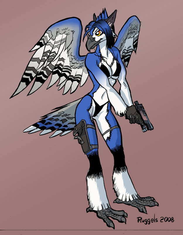 avian bikini blue_jay breasts colt_m1911 female gun orange04_(character) pistol scott_ruggels skimpy solo weapon