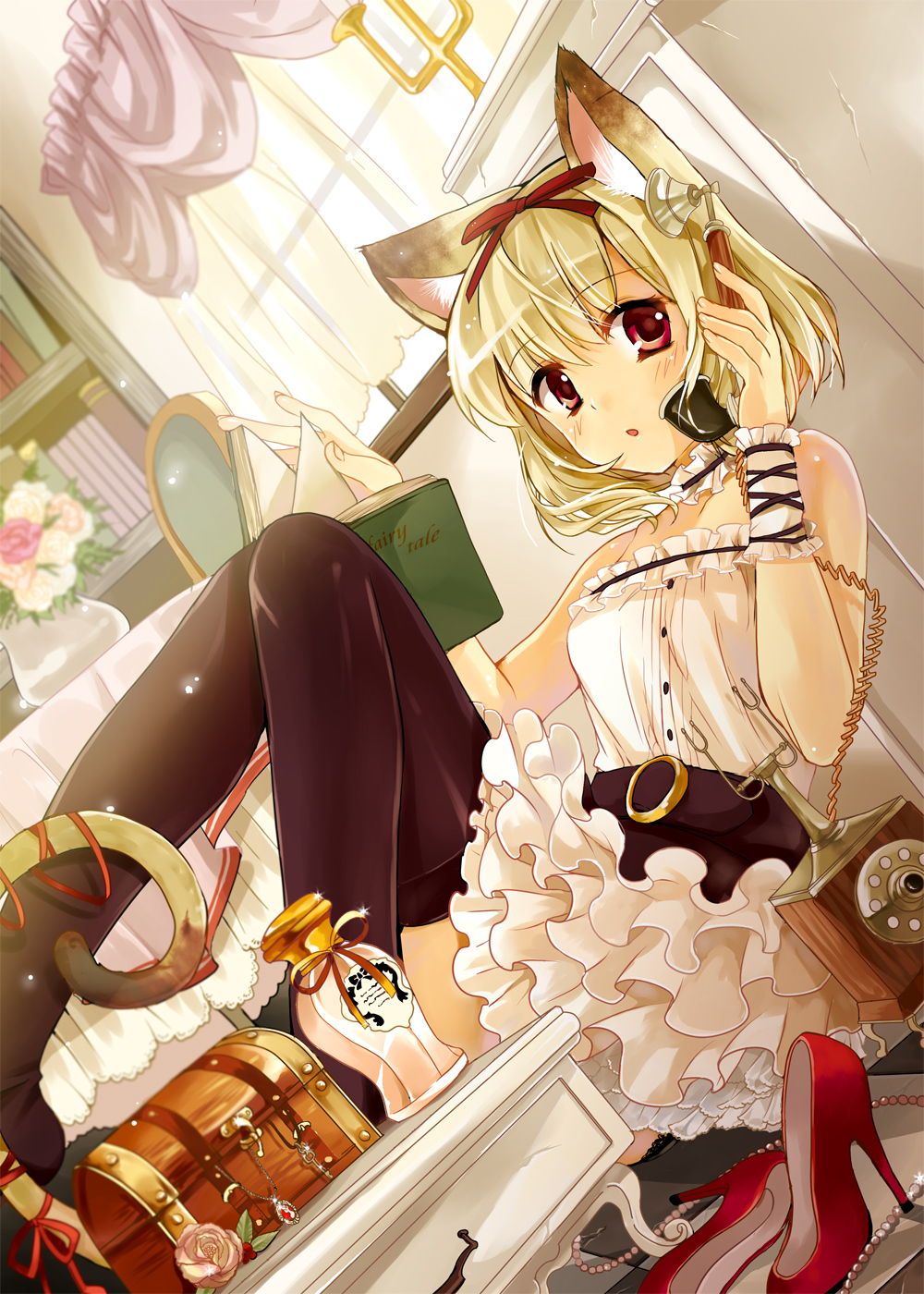 animal_ears bad_id bad_pixiv_id black_legwear blonde_hair blush book cat_ears corded_phone dutch_angle english hair_ribbon high_heels highres jewelry kusukoni_melco legs necklace open_book original phone red_eyes ribbon shoes sitting solo tail thighhighs wrist_cuffs