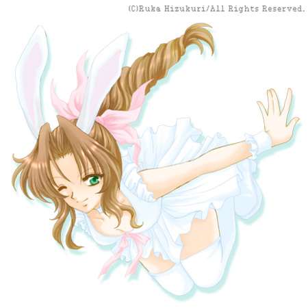 aerith_gainsborough animal_ears brown_hair bunny_ears dress female final_fantasy final_fantasy_vii full_body green_eyes long_hair lowres pink_ribbon ponytail ribbon ruka_hizukuri solo thighhighs white_background white_legwear white_thighhighs wink wristband