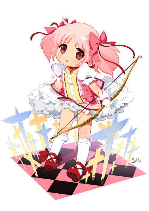 :o bow bow_(weapon) brown_eyes bubble_skirt checkered checkered_floor chibi choker cross gloves hair_bow jewelry kaname_madoka kneehighs magical_girl mahou_shoujo_madoka_magica mao_yu pendant pink_hair puffy_sleeves red_choker short_hair short_twintails simple_background skirt solo twintails weapon white_legwear