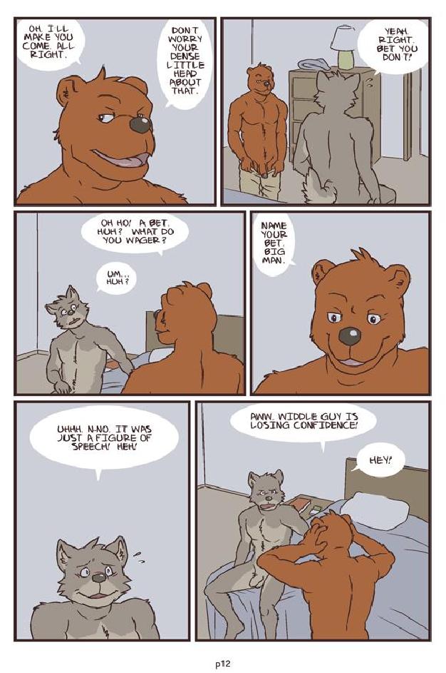 artdecade bear bed bedroom big_muscles canine comic english_text erection gay grizzly_bear male mammal masturbation muscles only_if_you_kiss penis text uncut what wolf