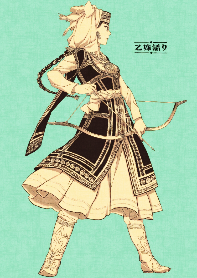 amira boots bow_(weapon) braid headdress monochrome otoyomegatari single_braid solo standing ulrika weapon