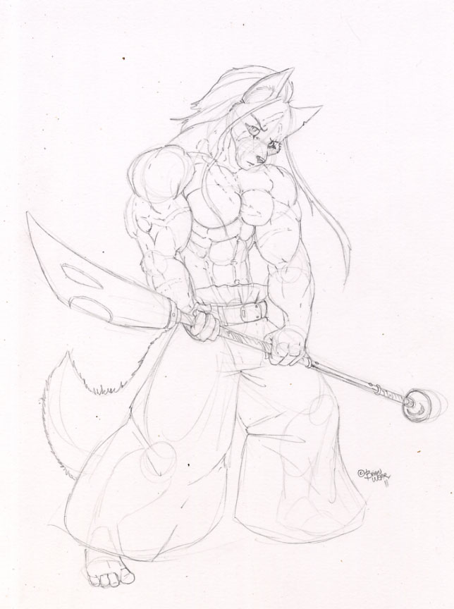 anthro bellbottoms canine clothed clothing fighting_stance hair half-dressed long_hair looking_at_viewer male mammal muscles nude pants plain_background polearm pose ready scar solo spear toned topless vein veins weapon white_background wolfgangcake