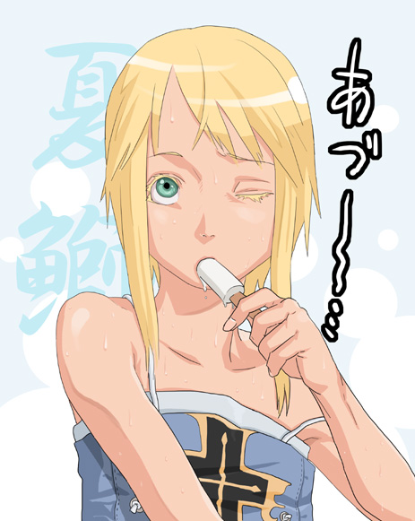 androgynous bad_id bad_pixiv_id bare_shoulders blonde_hair bridget_(guilty_gear) eating eyelashes food green_eyes guilty_gear gujira male_focus no_hat no_headwear one_eye_closed popsicle solo sweat