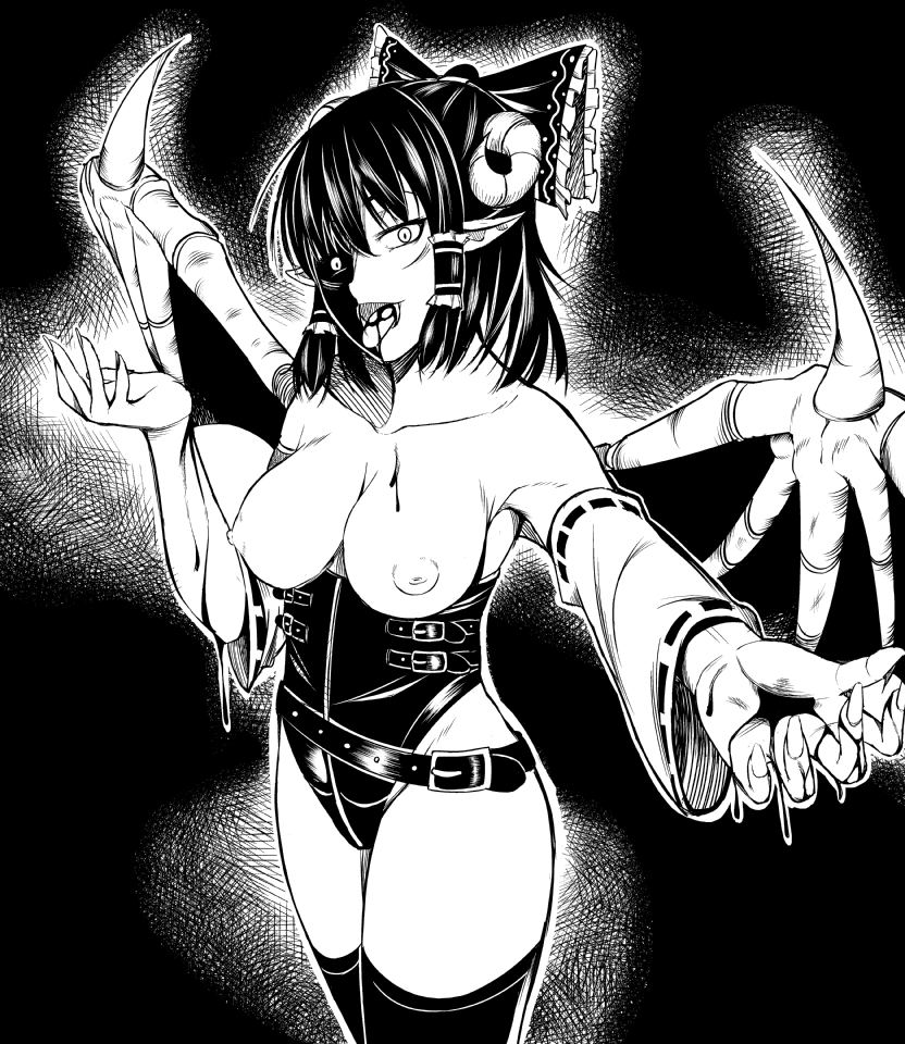 abe_(roiz) alternate_costume bad_id bad_pixiv_id blood breastless_clothes breasts corruption dark_persona demon_girl detached_sleeves greyscale hakurei_reimu horns large_breasts monochrome nipples pointy_ears solo succubus thighhighs touhou wings