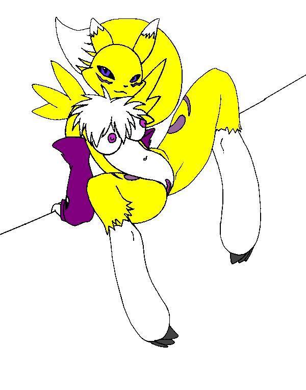blue_eyes breasts canine claws digimon female fox gloves looking_at_viewer pussy renamon sex sitting solo tail unknown_artist wall yellow