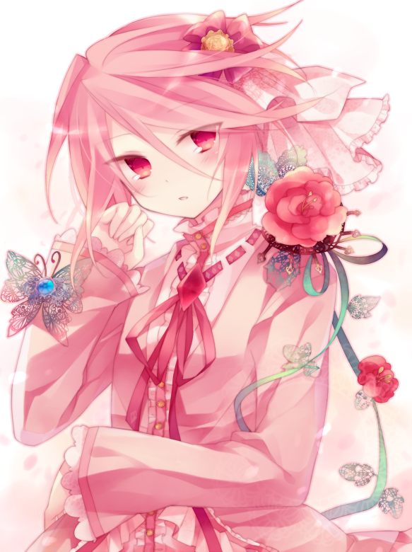 blush bug butterfly dress flower hair_flower hair_ornament ibara_riato insect male_focus original otoko_no_ko pink_dress pink_eyes pink_hair red_flower red_rose rose solo