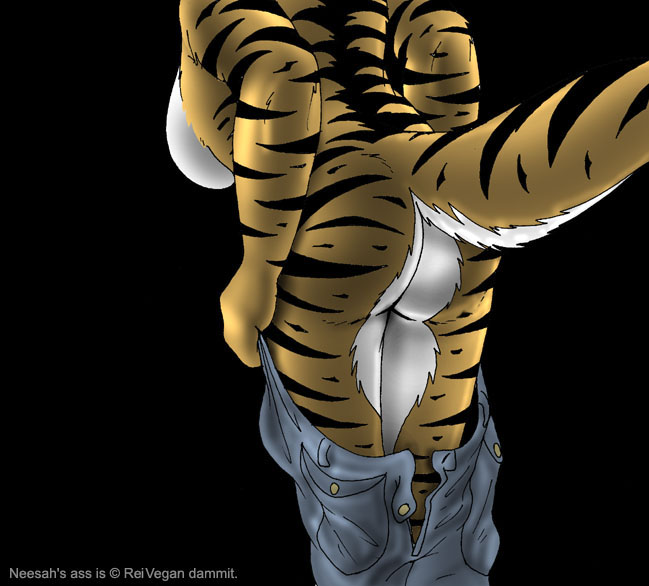 back bent_over bottomless breasts butt feline female from_behind fur mooning neesah pants pants_down raised_tail rear rei_vegan side_boob solo standing stripes tail tiger topless undressing