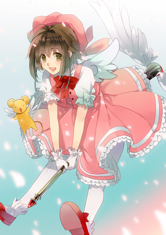 88_(kimidori_midori) bad_id bad_pixiv_id bow brown_hair cardcaptor_sakura dress frills fuuin_no_tsue gloves green_eyes hat kero kinomoto_sakura magical_girl open_mouth pantyhose pink_hat short_hair smile thighhighs wand white_gloves white_legwear wings