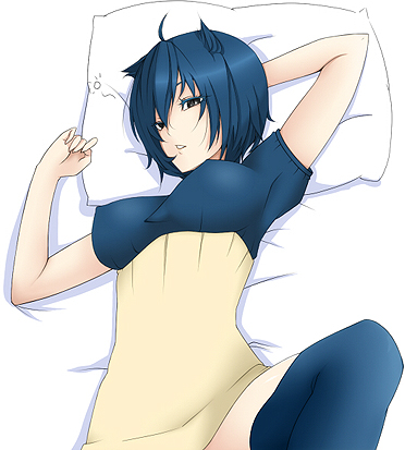 blue_hair breasts emukon erect_nipples lowres personification pillow pokemon snorlax