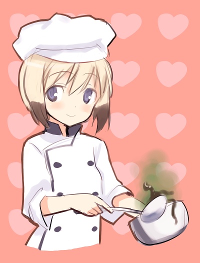 blonde_hair blue_eyes brown_hair chef chef_hat cooking erica_hartmann hat heart heart_background ladle multicolored_hair pink_background pot shimada_fumikane sleeves_rolled_up smile strike_witches two-tone_hair world_witches_series