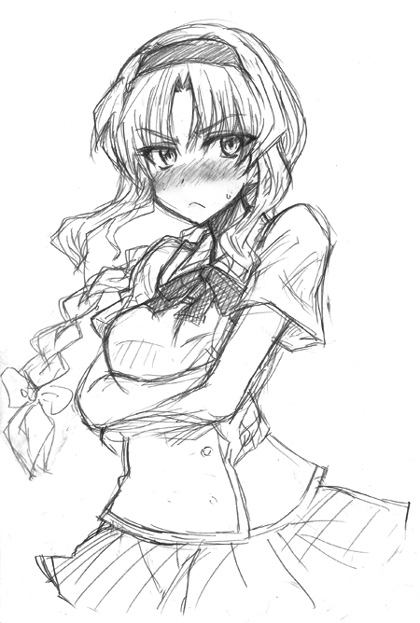 angry blush braid breasts crossed_arms d-frag! female hairband long_hair looking_at_viewer monochrome school_uniform sketch solo sweatdrop takao_(d-frag!) white_background
