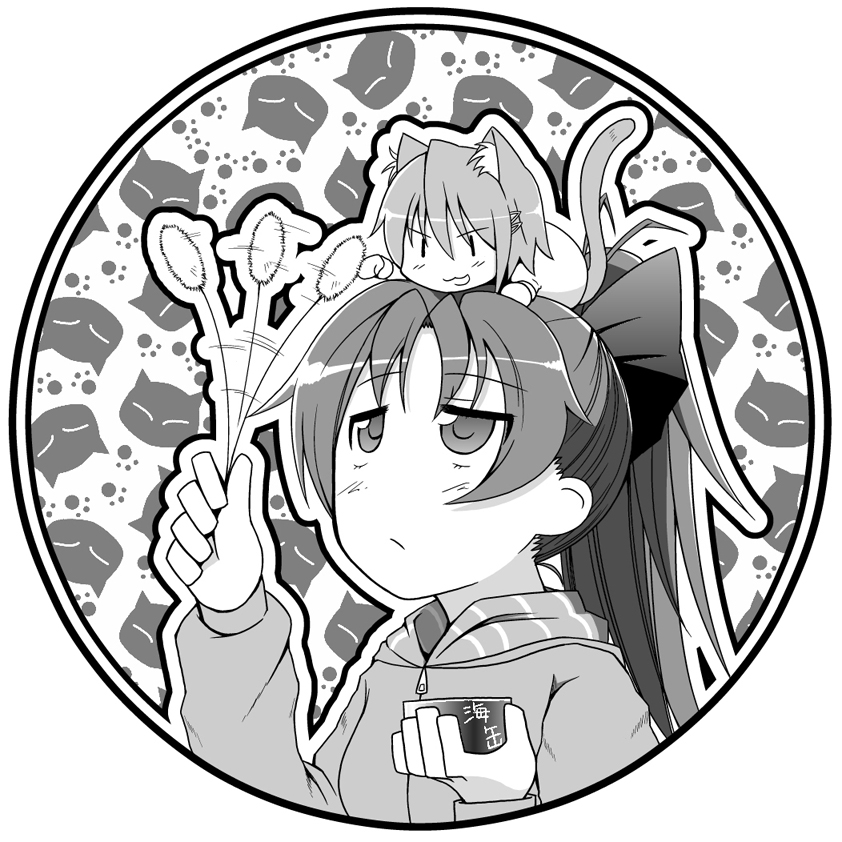 animal_ears cat_ears cat_teaser greyscale kamata_yuuya kemonomimi_mode mahou_shoujo_madoka_magica miki_sayaka monochrome multiple_girls ponytail sakura_kyouko translated