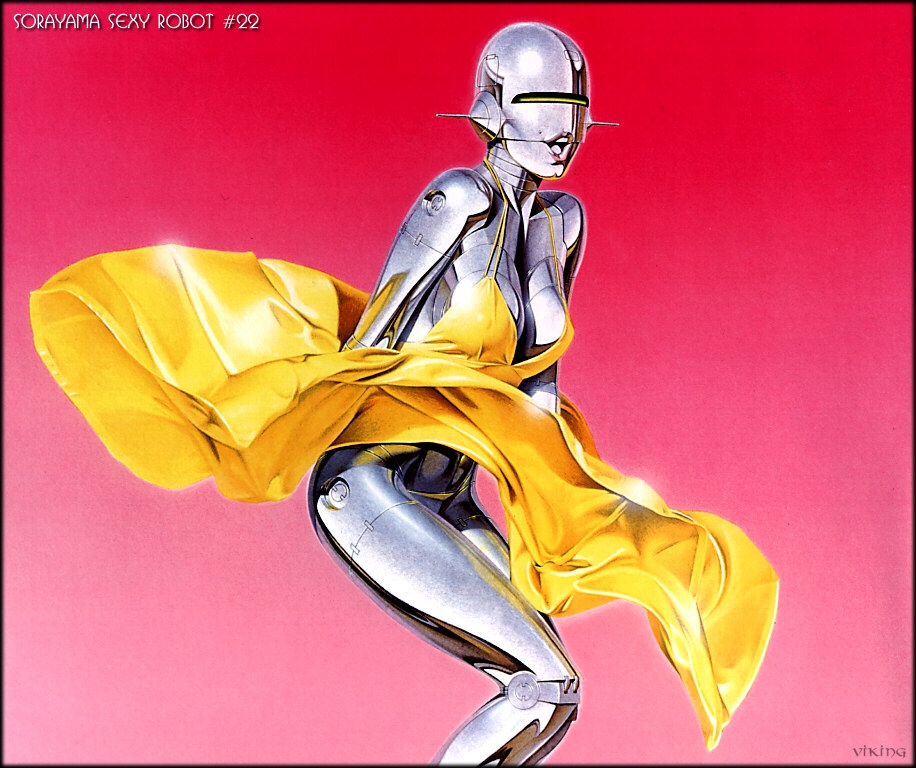 bottomless drafty female hajime_sorayama parody robot shiny solo technophilia upskirt wardrobe_malfunction