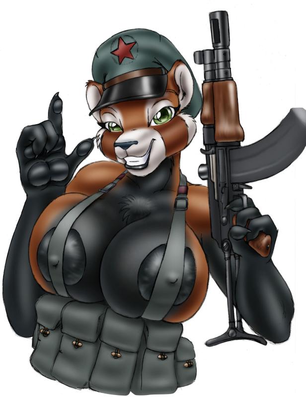 breasts carbine chinese comrade_hsien female gideon gun hat huge_breasts looking_at_viewer military red_panda reverse_countershading skimpy smile soldier solo uniform weapon wolfkidd ★