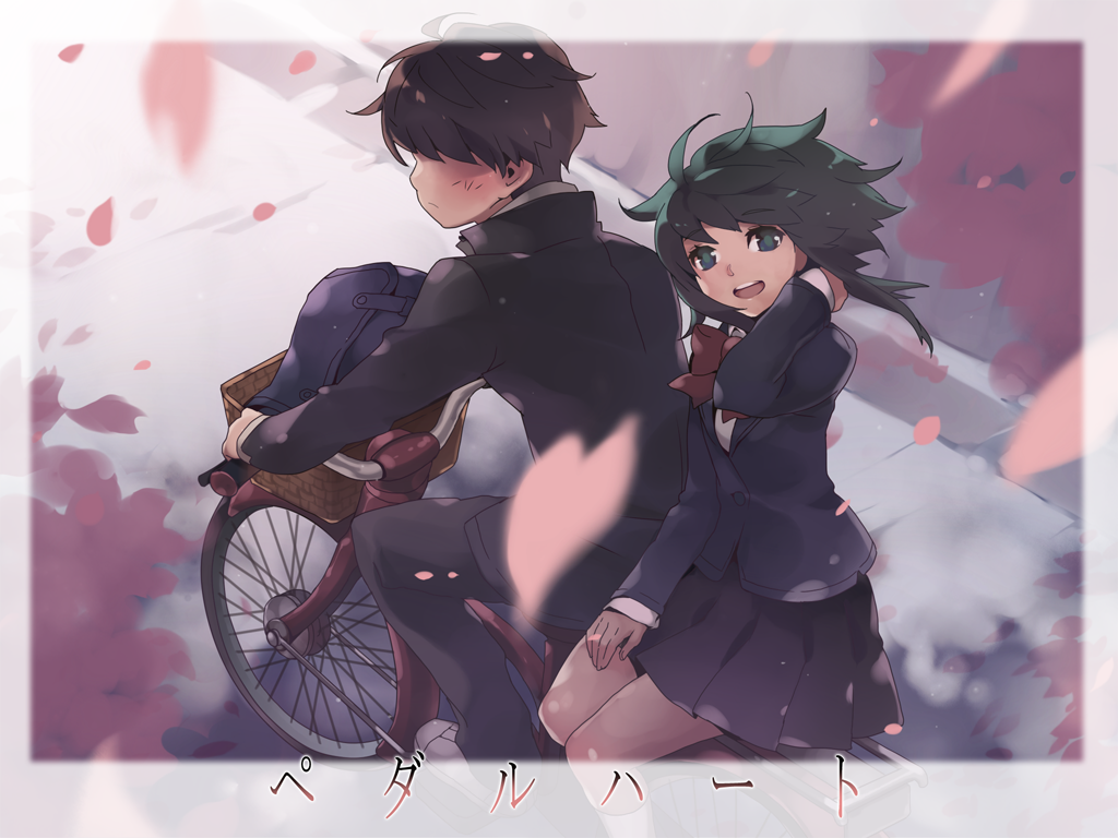 1girl arm_up bag basket bicycle bicycle_basket black_pants black_skirt blazer blush bow bowtie brown_hair cherry_blossoms facing_away from_above gakuran green_eyes green_hair ground_vehicle gumi hair_tucking jacket karpin kneehighs long_sleeves looking_at_viewer multiple_riders open_mouth outdoors pants pedal_heart_(vocaloid) petals pleated_skirt ribbon riding school_bag school_uniform short_hair sidesaddle sidewalk sitting skirt smile song_name text_focus vocaloid