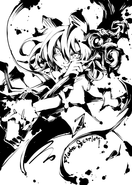 bad_id bad_pixiv_id dain flandre_scarlet greyscale hat monochrome sketch solo touhou wings