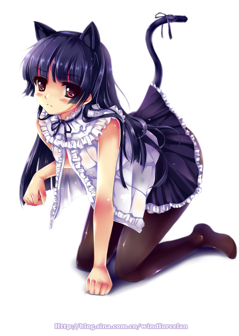 all_fours animal_ears black_hair blouse cat_ears gokou_ruri long_hair open_clothes open_shirt ore_no_imouto_ga_konna_ni_kawaii_wake_ga_nai pantyhose red_eyes ribbon shirt solo tail tail_ribbon windforcelan