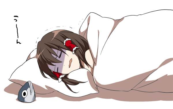 bad_id bad_pixiv_id blanket closed_eyes fish hair_tubes hakurei_reimu nightmare pillow rin_(royal) shaded_face sleeping solo touhou under_covers