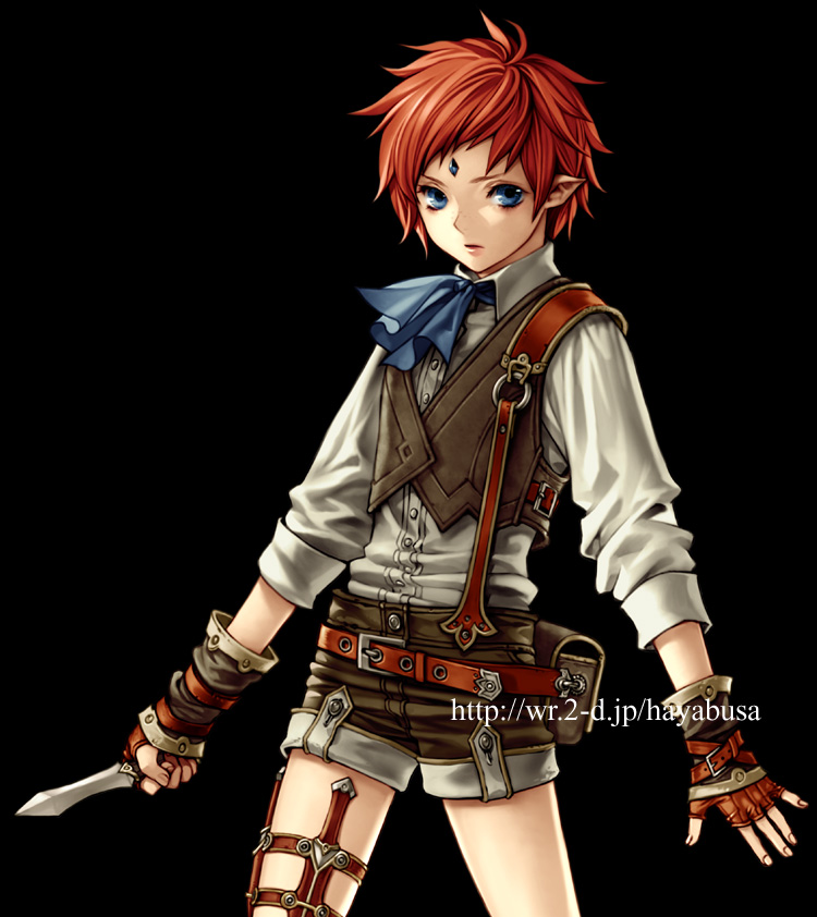 androgynous arms_at_sides ascot azur_(wizardry) bangs belt belt_pouch black_background black_shorts black_vest blue_eyes blue_neckwear buckle buttons collared_shirt cowboy_shot cropped_vest dagger fingerless_gloves flat_chest forehead_jewel gem gloves grey_shirt hayabusa_yuki holding holding_dagger holding_weapon legs_apart long_sleeves loose_belt o-ring official_art parted_lips pointy_ears pouch red_gloves red_hair sapphire_(stone) shirt short_pointy_ears short_shorts shorts simple_background solo swept_bangs thigh_strap vest watermark weapon web_address wizardry wrist_cuffs wrist_straps