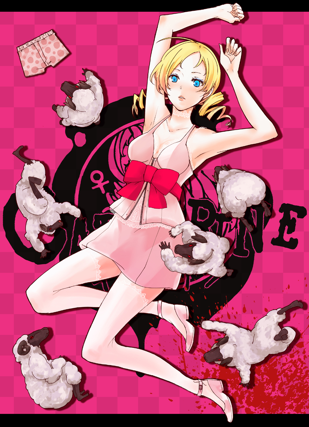 armpits bad_id bad_pixiv_id blonde_hair blue_eyes catherine catherine_(game) choker drill_hair face highres ko-&gt;u long_legs sheep solo thighhighs twintails
