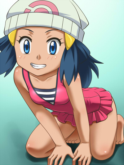 1girl all_fours awa barefoot blue_eyes blue_hair feet hikari_(pokemon) loli pokemon smile solo swimsuit