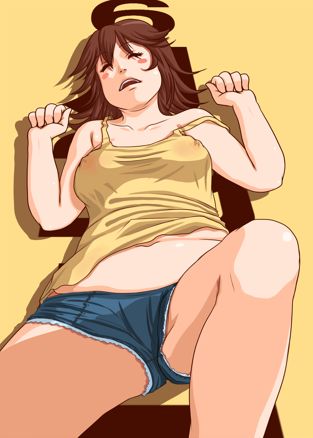 blush breasts brown_hair eyes_closed highres kamisuki medium_breasts mouth_open open_mouth plump shorts tank_top