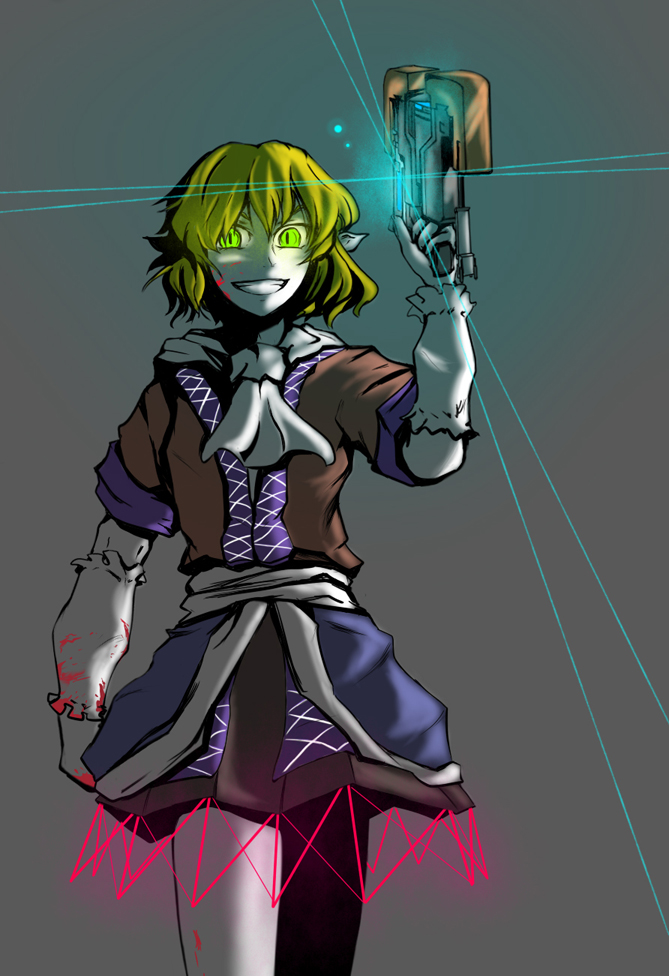 arm_warmers blonde_hair blood blood_splatter dead_space glowing glowing_eyes green_eyes grin gun left-handed mizuhashi_parsee parody plasma_cutter pointy_ears short_hair slit_pupils smile solo teeth touhou weapon yaruku