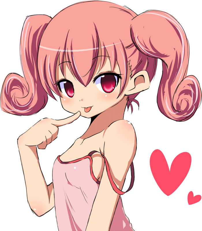 :p bad_id bad_pixiv_id bangs bare_shoulders blush body_blush breasts camisole child curly_hair finger_to_mouth flat_chest heart looking_at_viewer naughty_face no_bra original pink_eyes pink_hair short_hair short_twintails sideboob simple_background small_breasts solo strap_slip take_(office-t) tongue tongue_out twintails upper_body