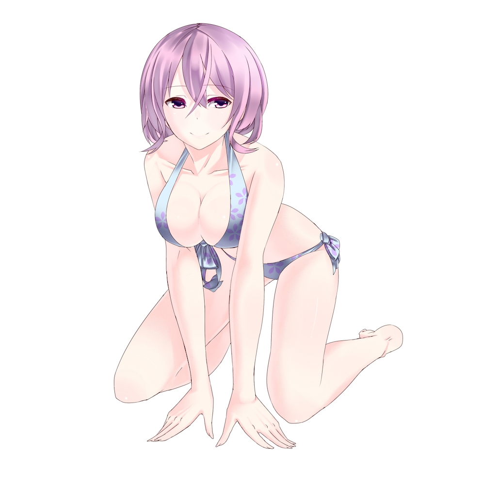 all_fours barefoot bent_over bikini breasts cleavage full_body halter_top halterneck kneeling large_breasts pink_eyes pink_hair saigyouji_yuyuko shinoi short_hair side-tie_bikini simple_background smile solo swimsuit touhou white_background
