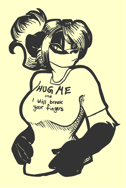 badger big_breasts black_and_white breasts female hair half-closed_eyes hug_me_and_i_will_break_your_fingers looking_at_viewer mandi_(touchmybadger) monochrome ponytail shirt solo touchmybadger uhoh