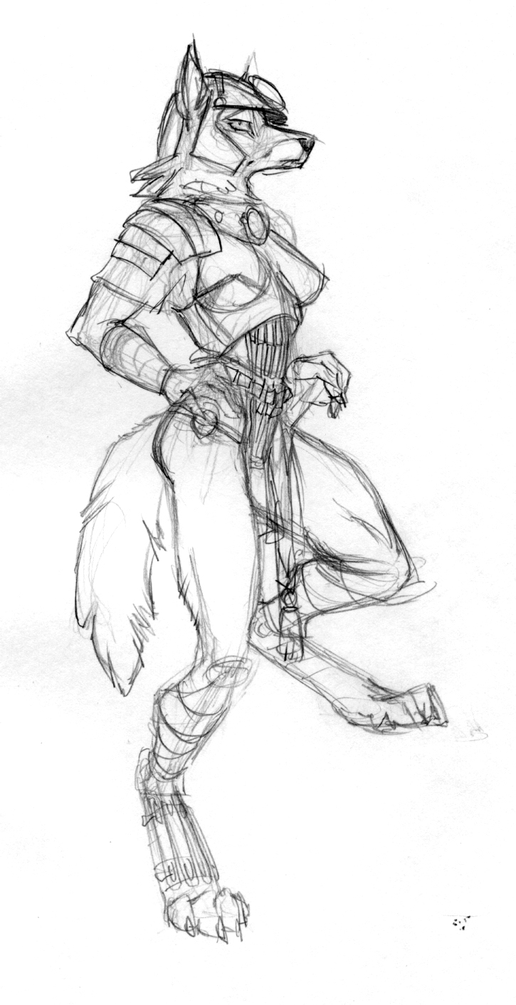 armor asheru_(setting) butt canine digitigrade fantasy female roman scott_ruggels sketch solo unconvincing_armour virinia wolf