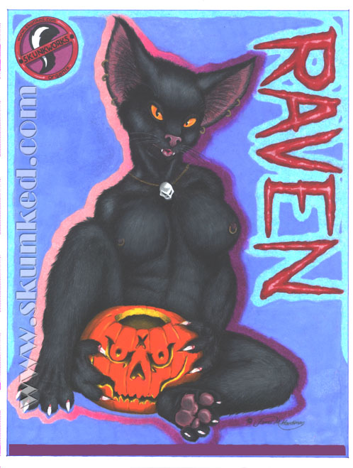 black_cat cat claws fangs feline female halloween hindpaw holidays jack-o-lantern jack_o'_lantern james_m_hardiman looking_at_viewer mammal necklace nude orange_eyes paws piercing pumpkin raven_(character) raven_(jmh) sitting skull solo