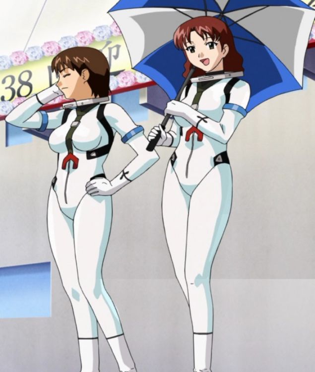2girls bodysuit brown_eyes brown_hair eyes_closed hand_on_face hand_on_hip happy open_mouth parasol pilot_suit pose posing red_hair short_hair skin_tight smile spacesuit stratos_4 unknown
