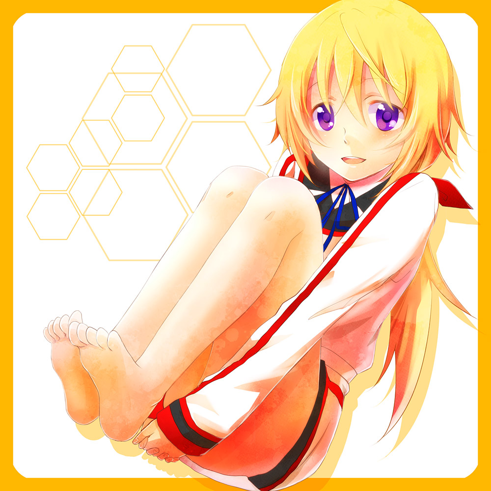 bad_id bad_pixiv_id barefoot blonde_hair charlotte_dunois feet hands_clasped hands_under_legs infinite_stratos legs long_hair mochizuki_mina open_mouth own_hands_together ponytail purple_eyes smile solo