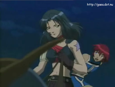 belt black_eyes blue_hair choker couple dragon flying gloves green_eyes long_hair looking_back marone_bluecarno midriff navel open_mouth red_hair rid_hershel riding serious short_hair star tales_of_(series) tales_of_eternia tattoo