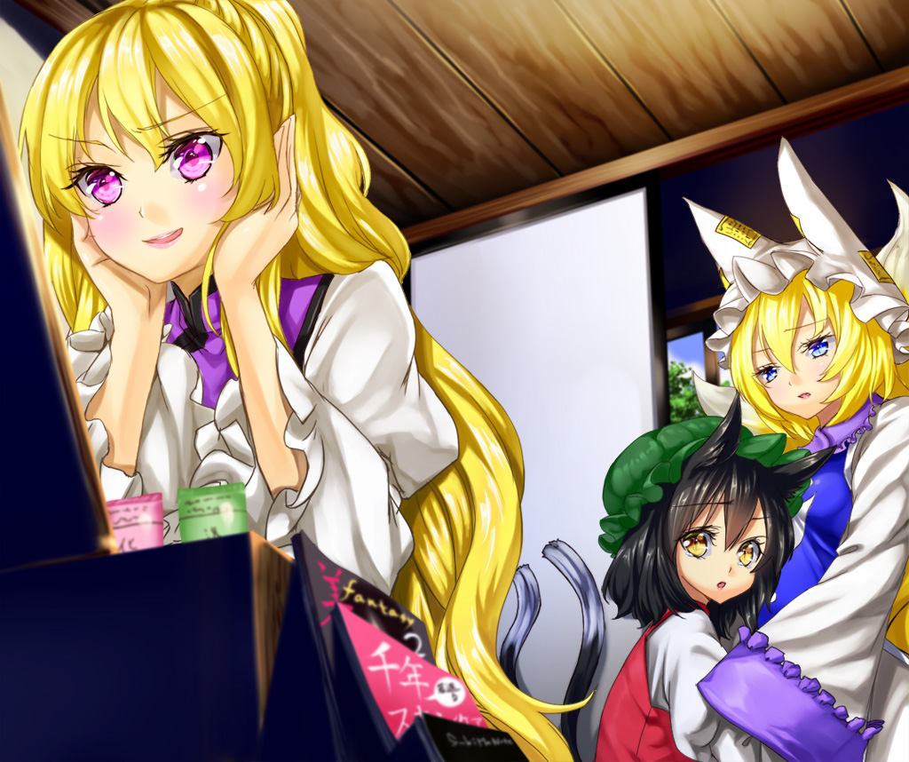 animal_ears bad_id bad_pixiv_id black_hair blonde_hair blue_eyes brown_hair cat_ears chen fox_tail hands_on_own_face hat kyon_(fuuran) multiple_girls purple_eyes purple_hair tail touhou yakumo_ran yakumo_yukari yellow_eyes