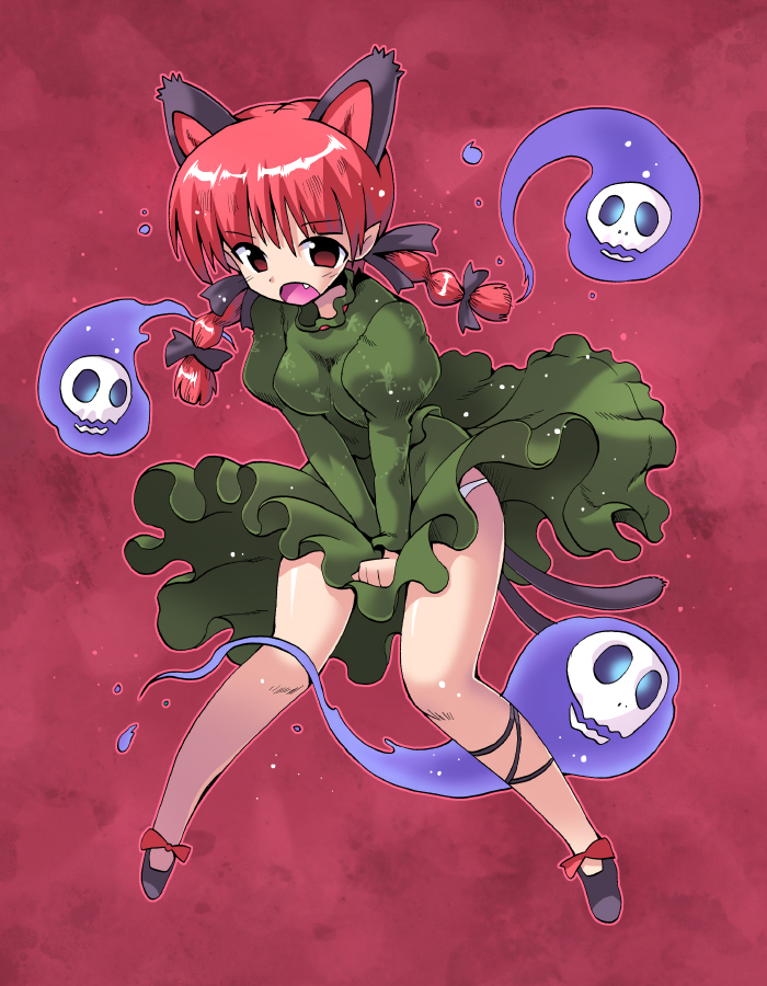 animal_ears braid cat_ears cat_tail commentary_request covering covering_crotch dress extra_ears fang kaenbyou_rin kurogarasu multiple_tails panties pointy_ears red_eyes red_hair short_hair skull solo tail touhou twin_braids twintails underwear white_panties wind wind_lift
