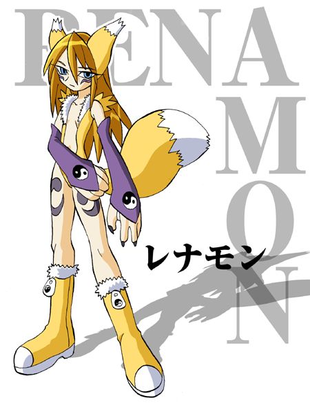 animal_ears blonde_hair blue_eyes boots canine cosplay digimon elbow_gloves english_text female fox gloves hair japanese_text long_blonde_hair long_hair open_shirt renamon soft solo standing tail unknown_artist yellow
