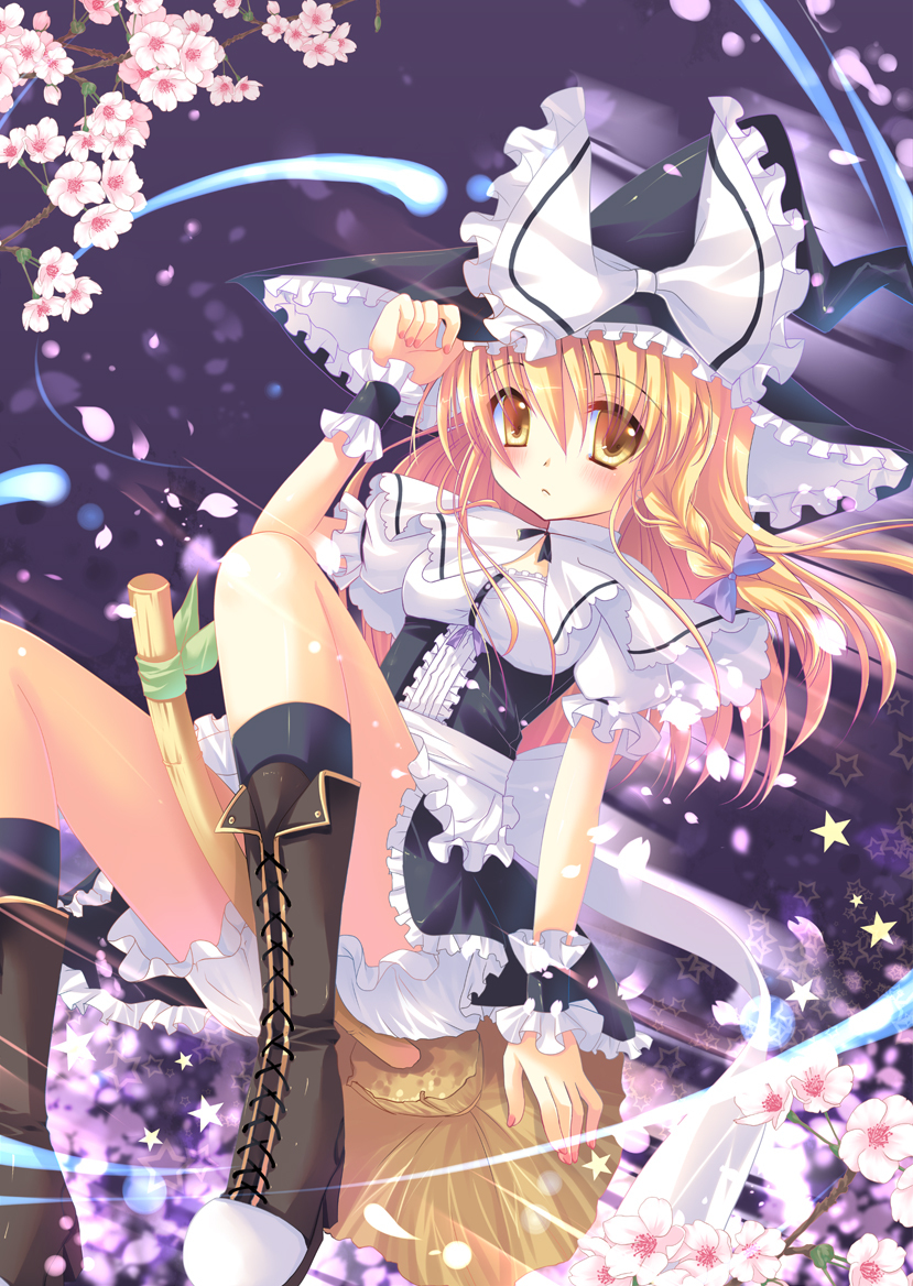 bad_id bad_pixiv_id blonde_hair bloomers boots bow braid broom broom_riding brown_eyes capelet cherry_blossoms cross-laced_footwear flower frills hair_bow hand_on_headwear hat kirisame_marisa lace-up_boots long_hair nail_polish single_braid solo sousouman star touhou underwear witch_hat wrist_cuffs