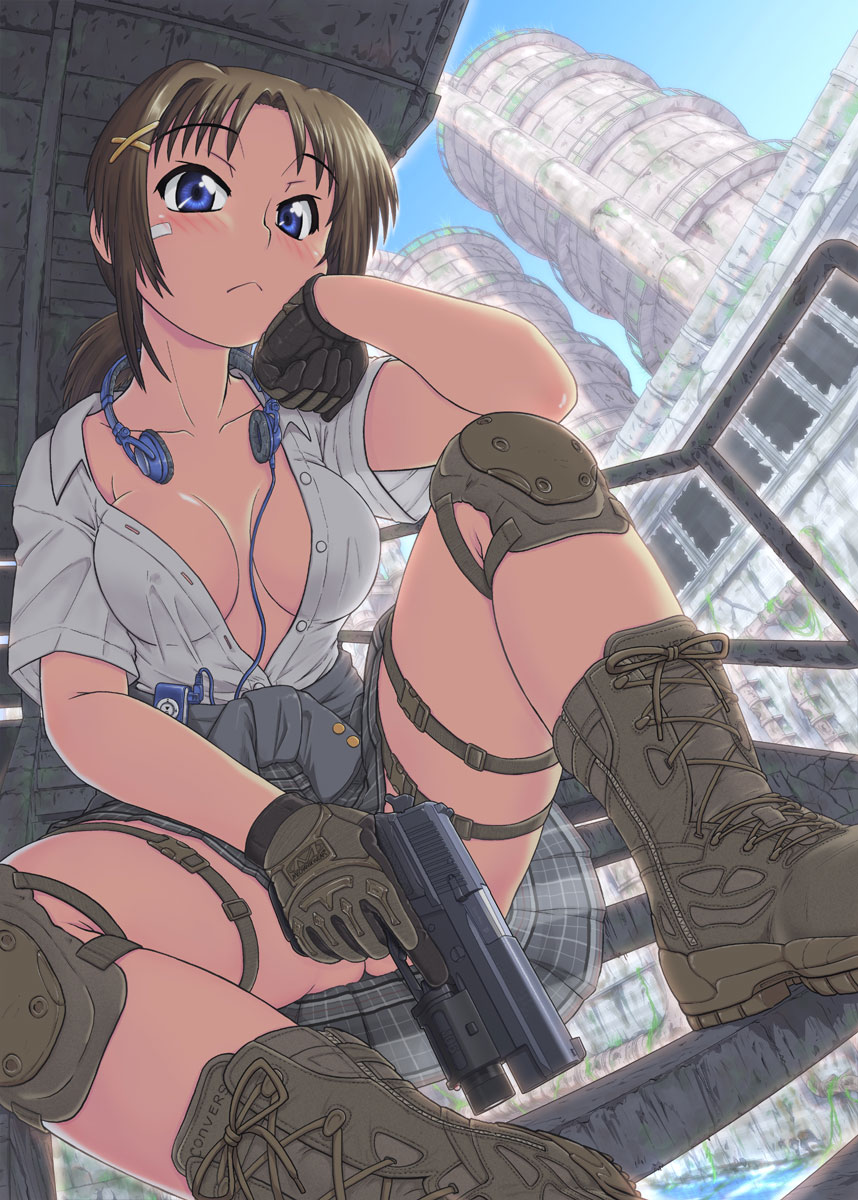:&lt; bandaid blue_eyes blush boots breasts brown_hair chin_rest cleavage converse day digital_media_player dutch_angle foreshortening from_below gloves gun handgun hase_yu headphones headphones_around_neck highres ipod knee_pads medium_breasts no_bra open_clothes open_shirt original overgrown pistol plaid plaid_skirt post-apocalypse railing ruins shirt shoes short_hair sig_sauer sig_sauer_p226 sitting sitting_on_stairs skirt sky sneakers solo stairs trigger_discipline weapon