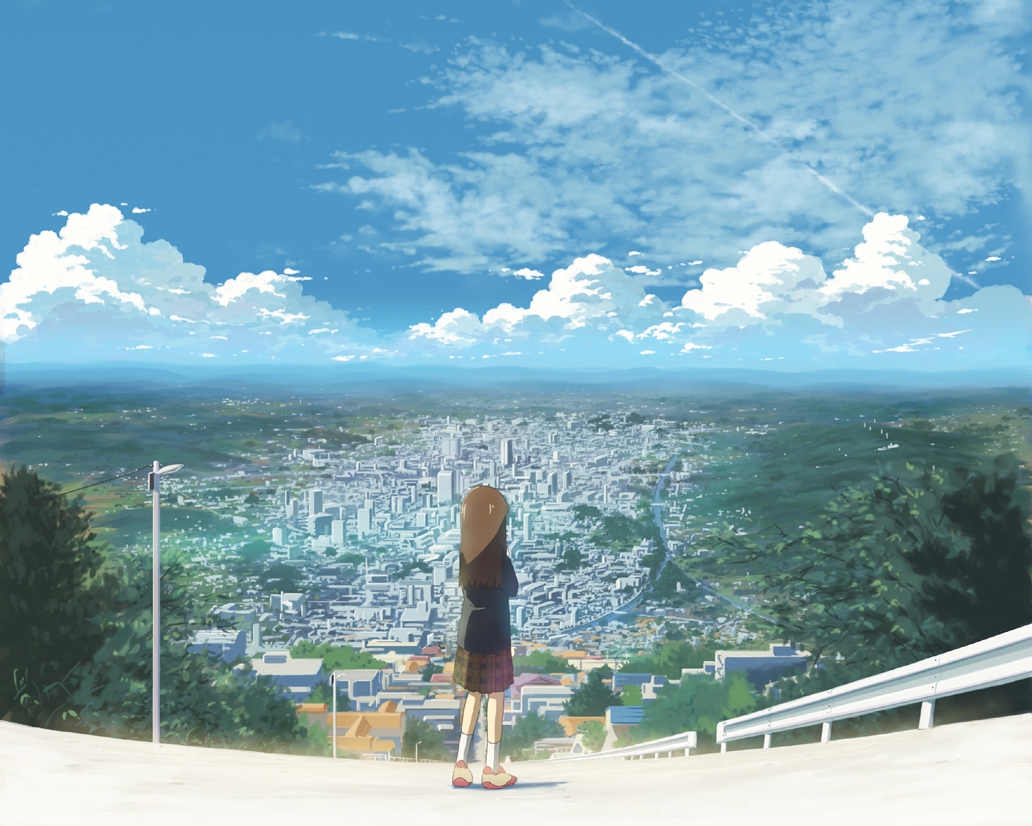 brown_hair city clouds isai_shizuka landscape scenic skirt sky uniform
