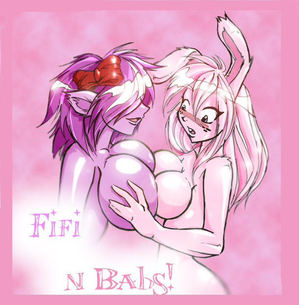 2009 babs_bunny big_breasts blush bottomless bow breast_squish breasts breasts_frottage bude butt chest collar concubine courtesan elbow female fifi_le_fume gloves lagomorph male penis pink rabbit skunk symmetrical_docking tiny_toon_adventures tiny_toons tuft warner_brothers