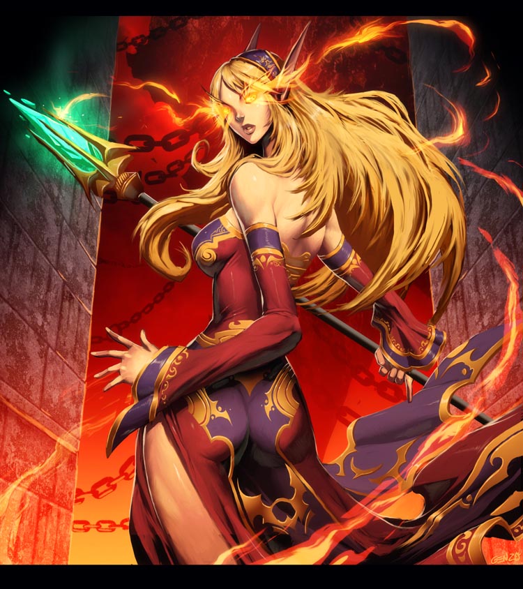 ass bare_shoulders blonde_hair blood_elf breasts chain crystal detached_sleeves fire genzoman glowing glowing_eyes hearthstone letterboxed long_hair looking_back medium_breasts official_art pointy_ears scepter secretkeeper signature solo wall warcraft world_of_warcraft