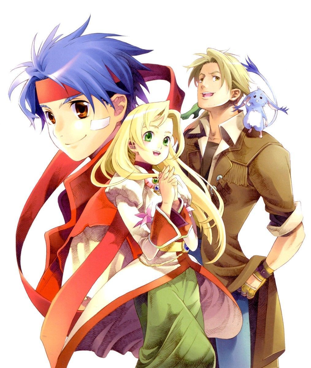 2boys ahoge bandages blonde_hair blue_hair brown_eyes brown_hair cecilia_lynne_adelhyde coat creature denim dress gloves green_dress green_eyes hanpan highres jack_van_burace jeans jewelry juliet_sleeves long_hair long_sleeves multiple_boys official_art ooba_wakako open_mouth pants puffy_sleeves red_vest rody_roughnight scan shirt simple_background smile tail vest white_background wild_arms wild_arms_1