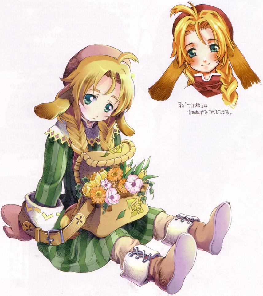 ahoge animal_ears bag blonde_hair blush boots bouquet braid flower full_body gloves green_eyes hair_over_shoulder hat knee_boots long_hair mariel_(wild_arms) official_art ooba_wakako pants scan simple_background sitting smile solo twintails white_background wild_arms wild_arms_1