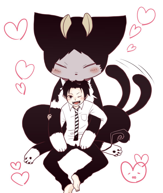 1boy ao_no_exorcist black_hair blacky blush cat collared_shirt demon demon_tail heart hearts horns kiss long_sleeves looking_at_viewer necktie no_shoes okumura_rin one_eye_closed open_mouth pants shirt simple_background sitting smile striped striped_necktie tail white_background white_shirt wince
