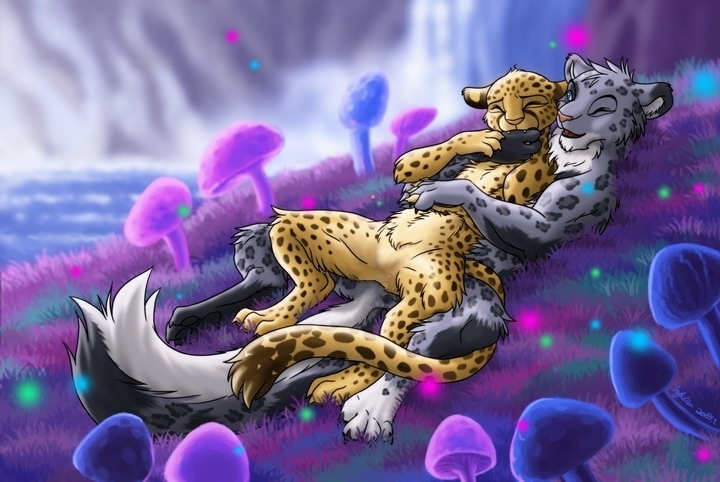 2009 background biting cheetah claws eyes_closed feline female feral hybrid hyhlion male mushroom panther purple remake romantic shopped snow_leopard tail