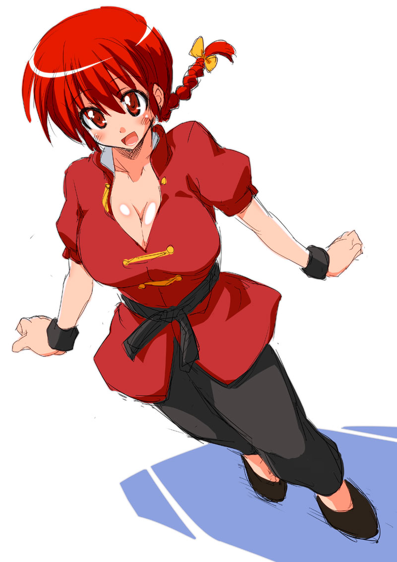 braid breasts cleavage full_body genderswap genderswap_(mtf) large_breasts mikagami_sou no_socks open_mouth ranma-chan ranma_1/2 red_eyes red_hair saotome_ranma short_hair solo