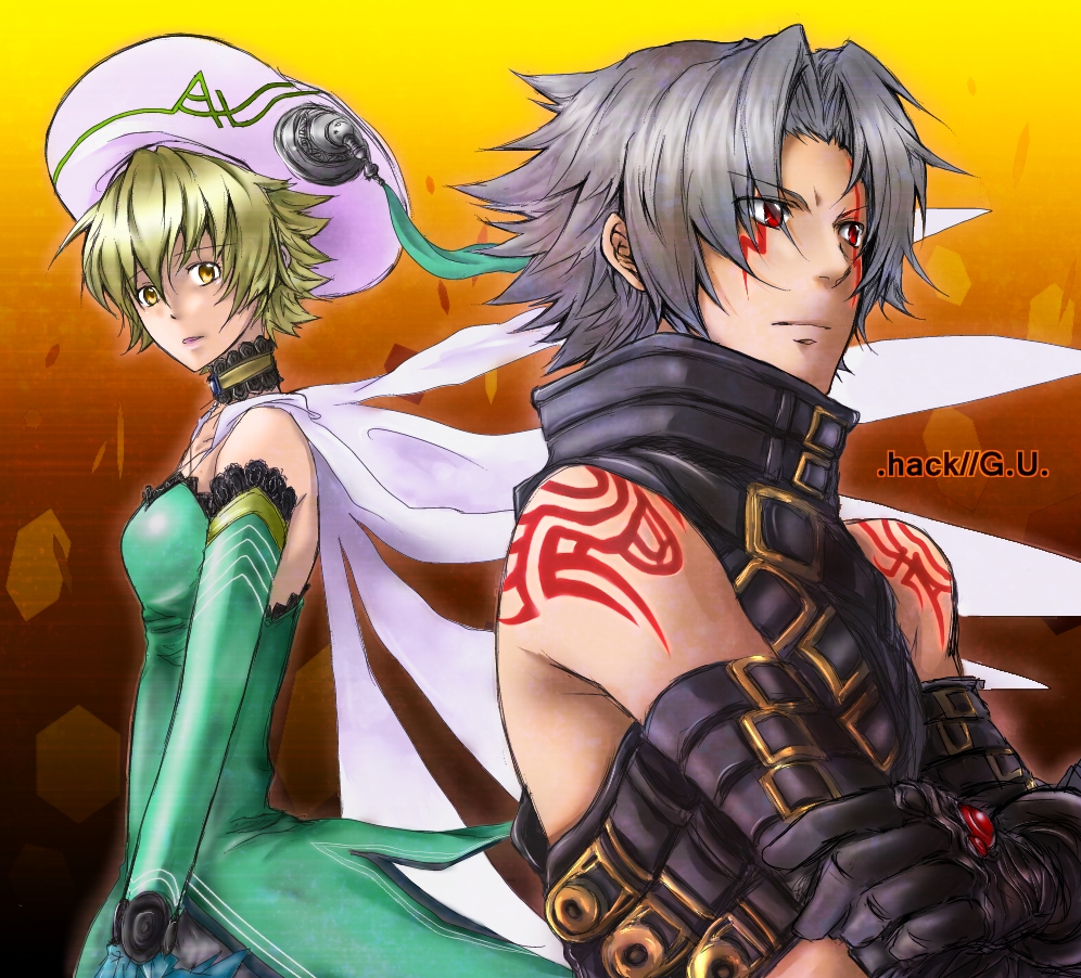 .hack//g.u. 1boy 1girl atoli bad_id bad_pixiv_id belt black_belt blonde_hair boots dress elbow_gloves gloves grey_hair haseo_(.hack//) hat red_eyes scythe sitting smile sora-no-ne tattoo